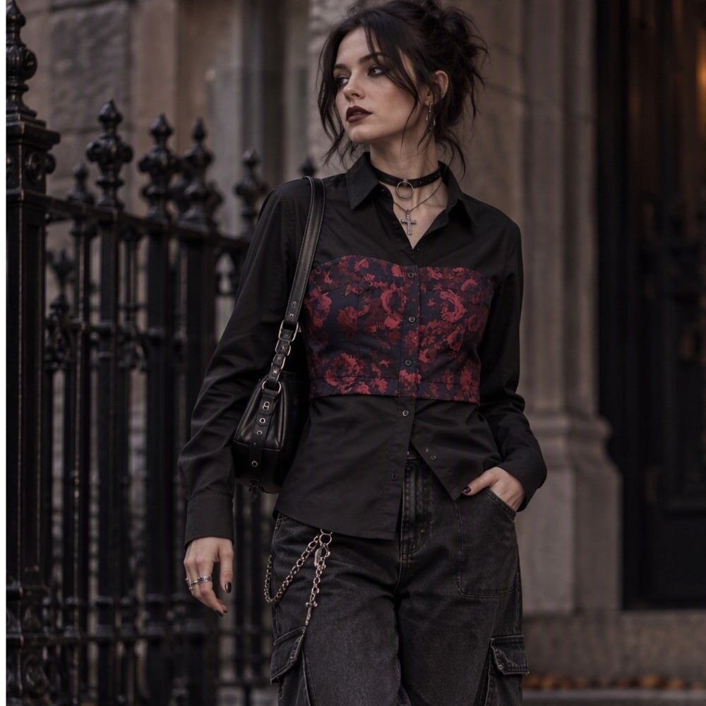 Express Corset Overlay Shirt Black Floral Brocade Tie Back Button Down Blouse S